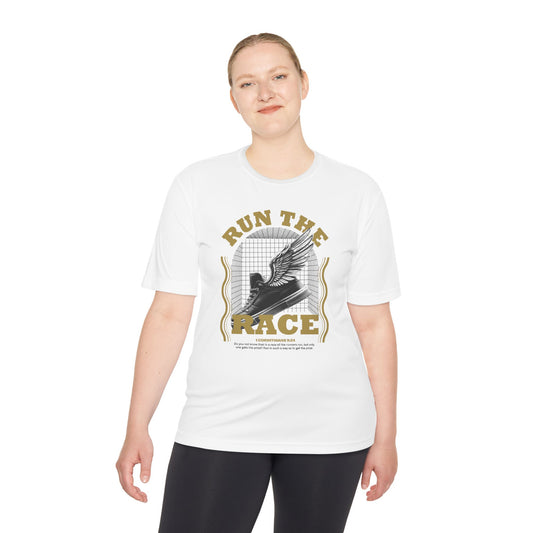 "Run The Race "  Unisex Moisture Wicking Tee - The Shield of Light