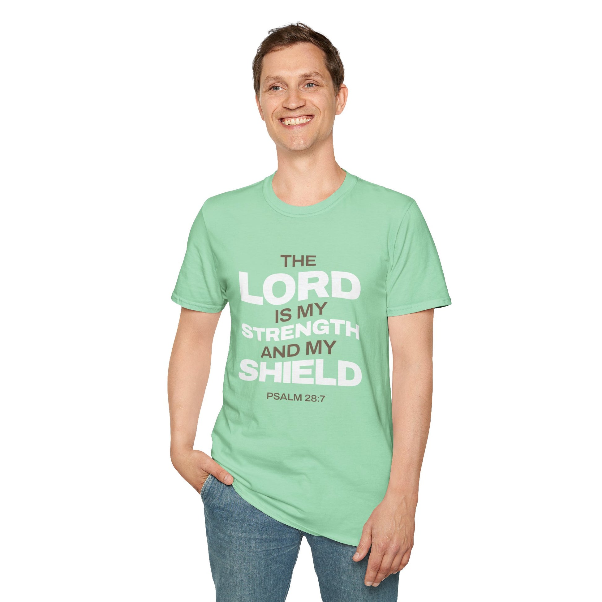 "The Lord Is My Strength and My Shield Psalm 28:7" Unisex Softstyle T-Shirt - The Shield of Light