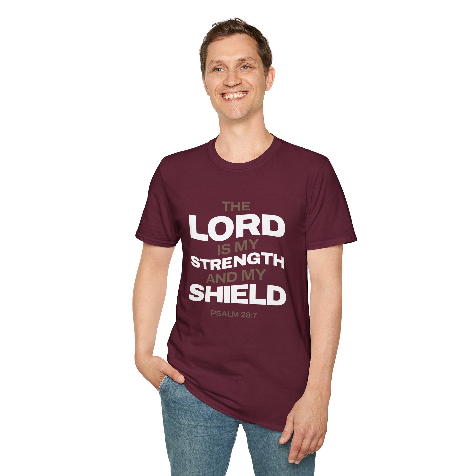 "The Lord Is My Strength and My Shield Psalm 28:7" Unisex Softstyle T-Shirt - The Shield of Light