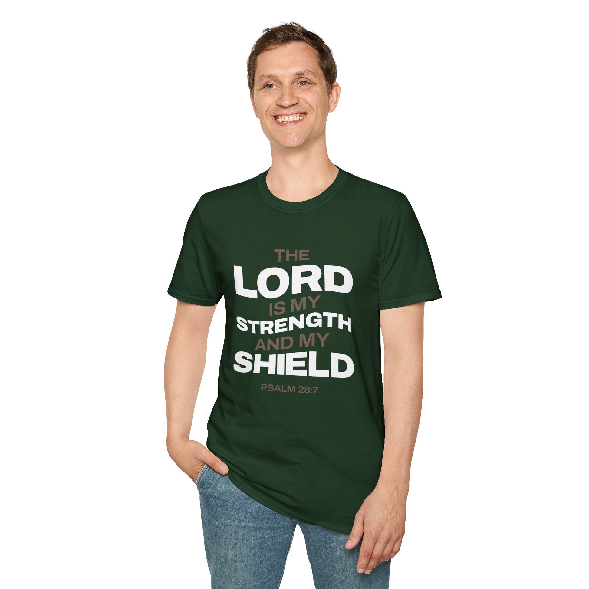 "The Lord Is My Strength and My Shield Psalm 28:7" Unisex Softstyle T-Shirt - The Shield of Light