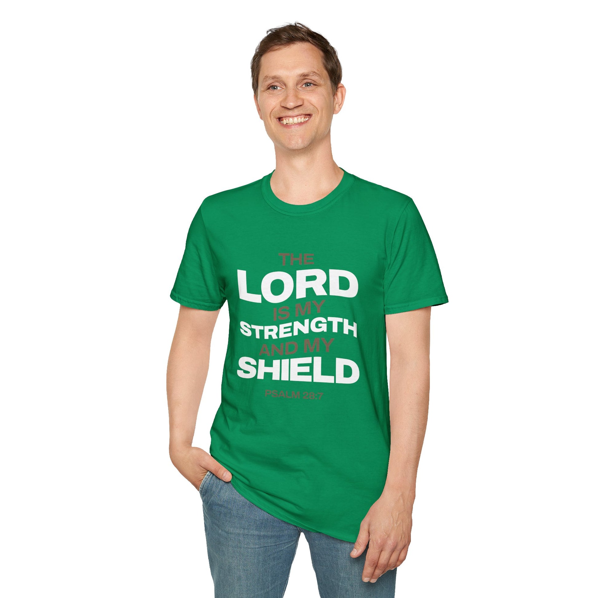 "The Lord Is My Strength and My Shield Psalm 28:7" Unisex Softstyle T-Shirt - The Shield of Light