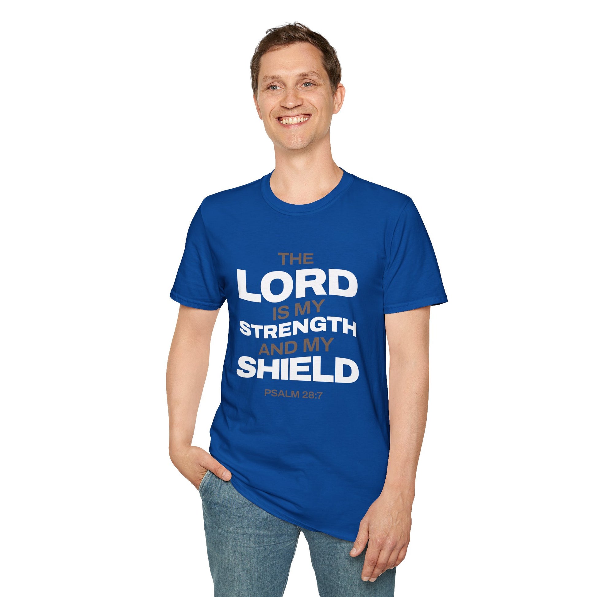 "The Lord Is My Strength and My Shield Psalm 28:7" Unisex Softstyle T-Shirt - The Shield of Light