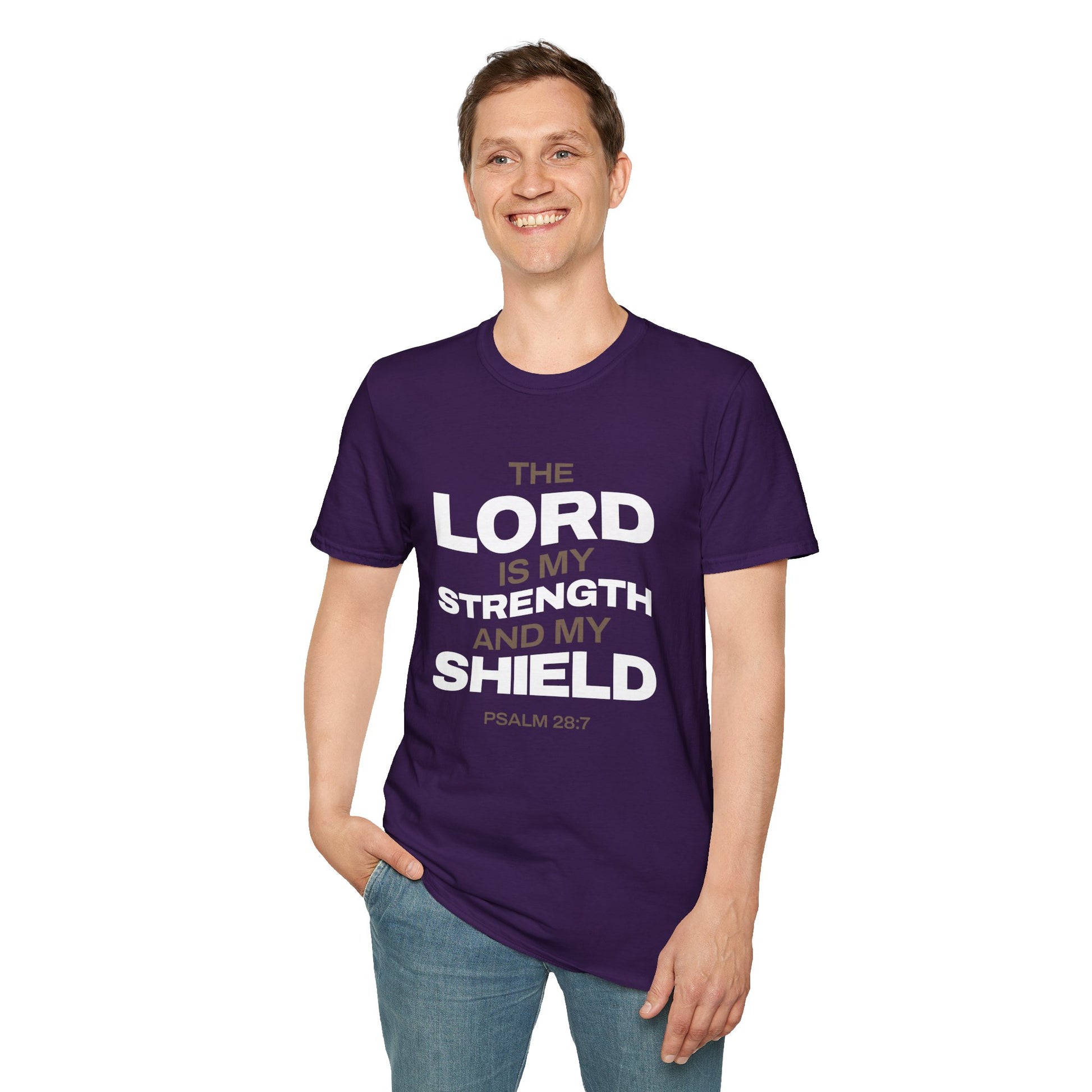 "The Lord Is My Strength and My Shield Psalm 28:7" Unisex Softstyle T-Shirt - The Shield of Light