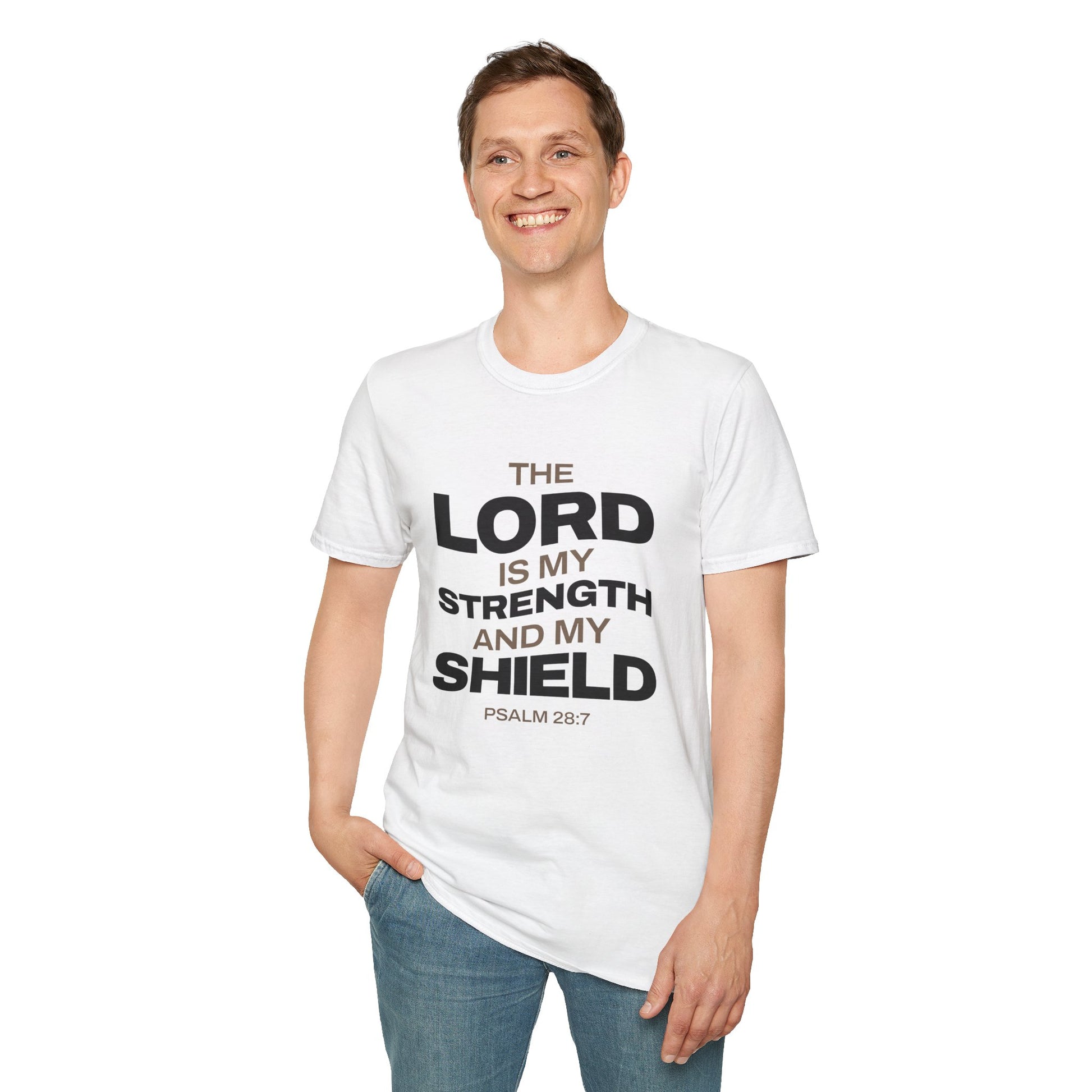 "The Lord Is My Strength and My Shield Psalm 28:7" Unisex Softstyle T-Shirt - The Shield of Light