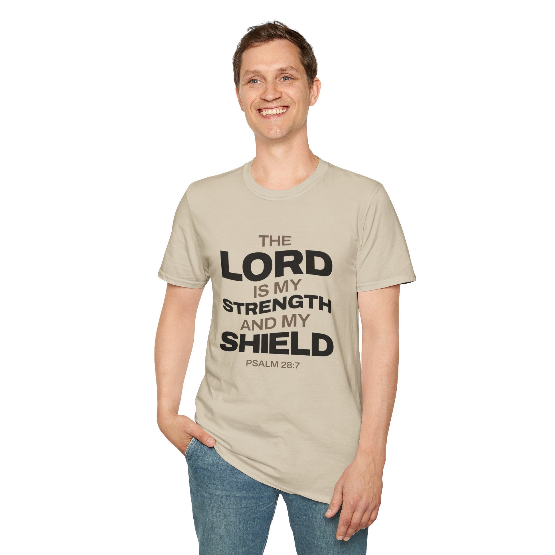 "The Lord Is My Strength and My Shield Psalm 28:7" Unisex Softstyle T-Shirt - The Shield of Light