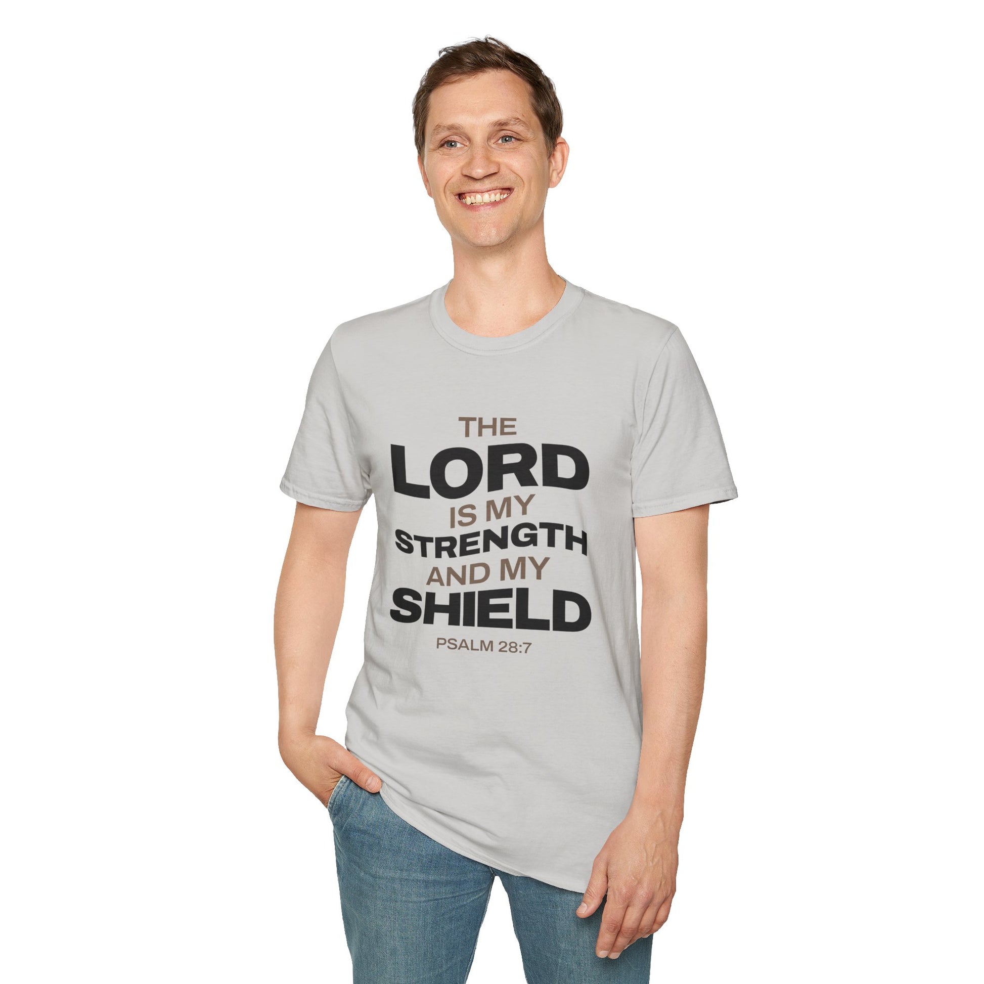 "The Lord Is My Strength and My Shield Psalm 28:7" Unisex Softstyle T-Shirt - The Shield of Light