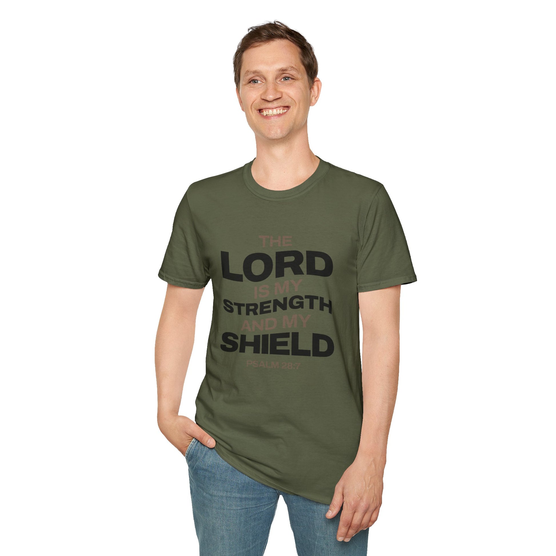 "The Lord Is My Strength and My Shield Psalm 28:7" Unisex Softstyle T-Shirt - The Shield of Light