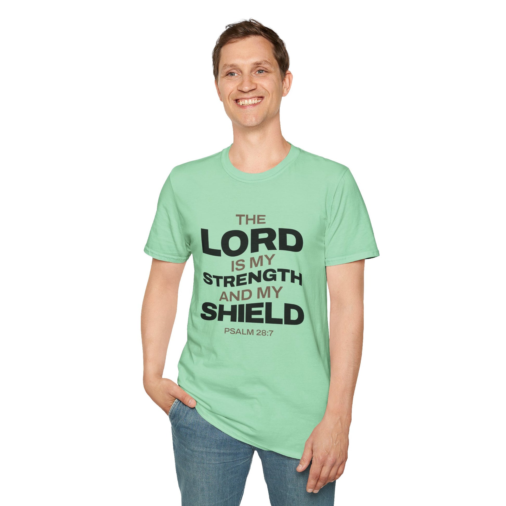"The Lord Is My Strength and My Shield Psalm 28:7" Unisex Softstyle T-Shirt - The Shield of Light