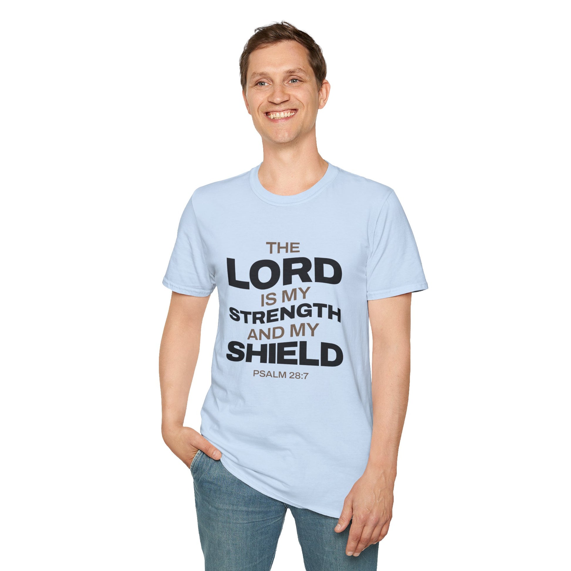 "The Lord Is My Strength and My Shield Psalm 28:7" Unisex Softstyle T-Shirt - The Shield of Light