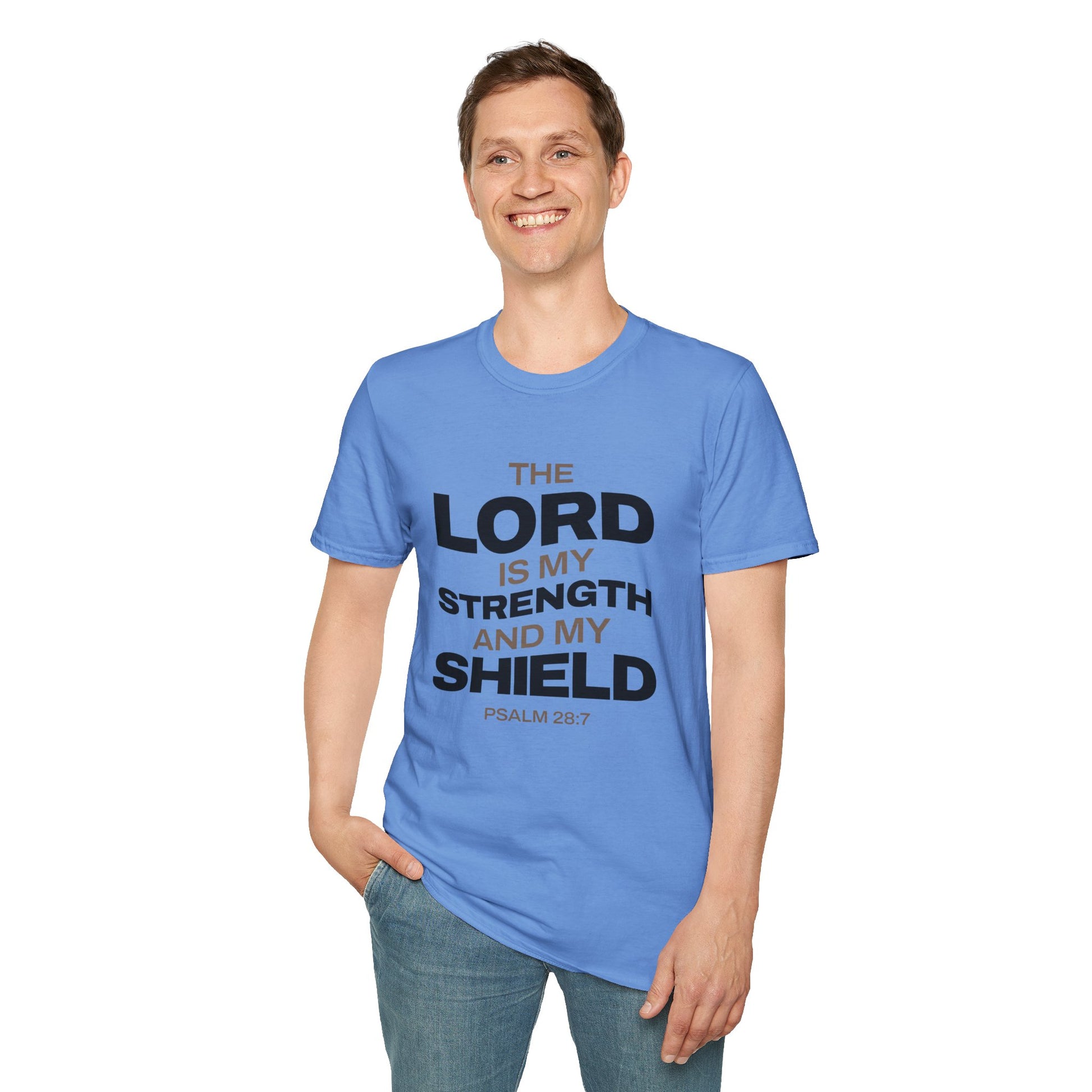 "The Lord Is My Strength and My Shield Psalm 28:7" Unisex Softstyle T-Shirt - The Shield of Light