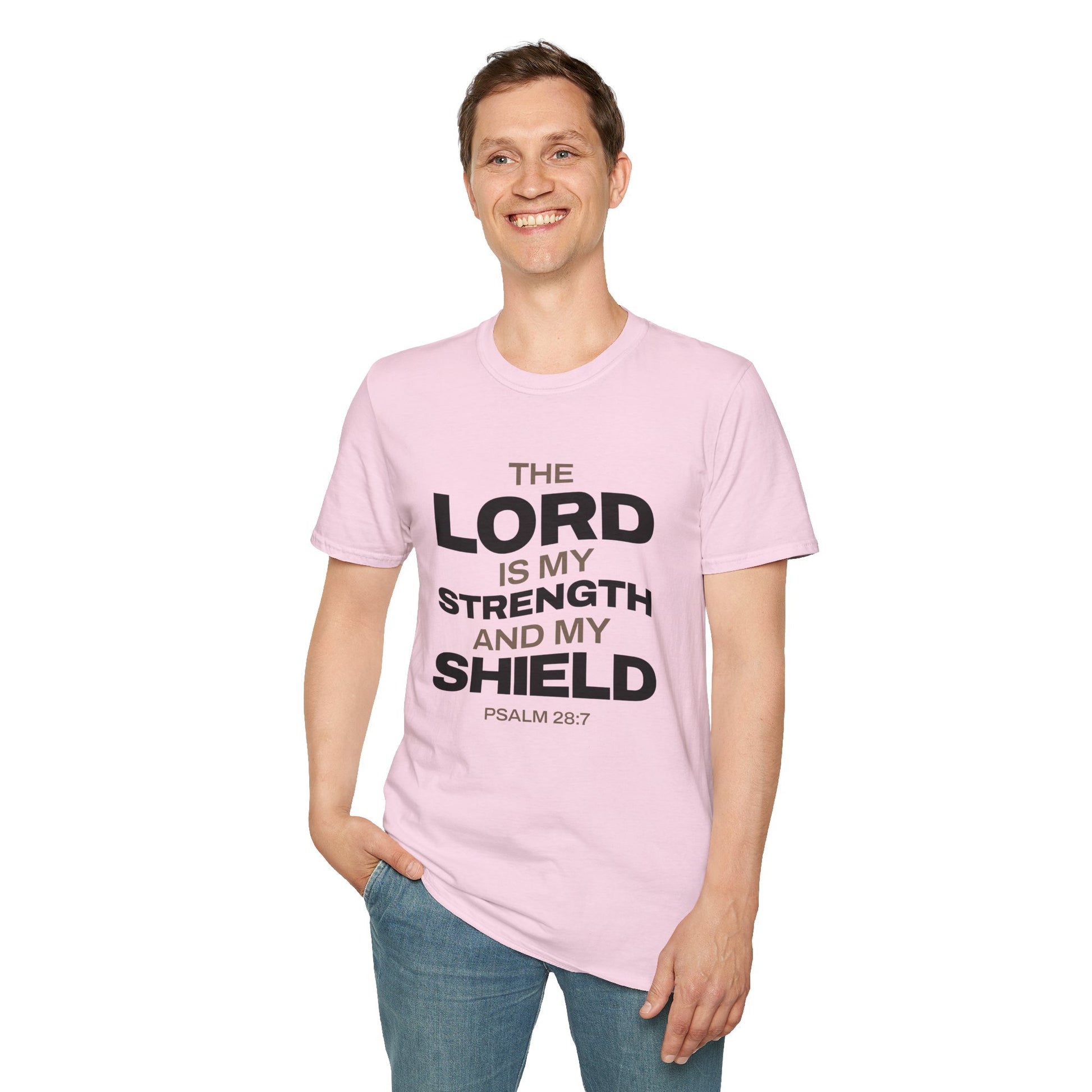 "The Lord Is My Strength and My Shield Psalm 28:7" Unisex Softstyle T-Shirt - The Shield of Light