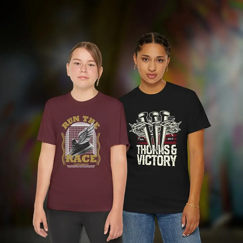 Two people wearing t-shirts with printed designs on a blurred background