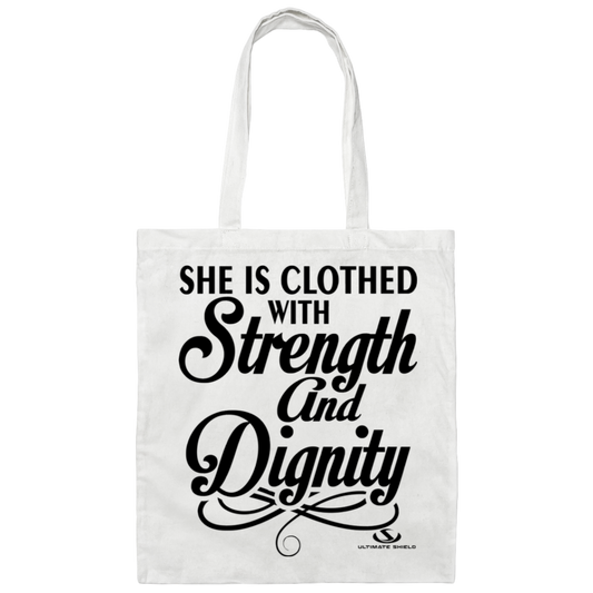 SHE IS CLOTHED WITH STRENGHT AND  Canvas Tote Bag - The Shield of Light