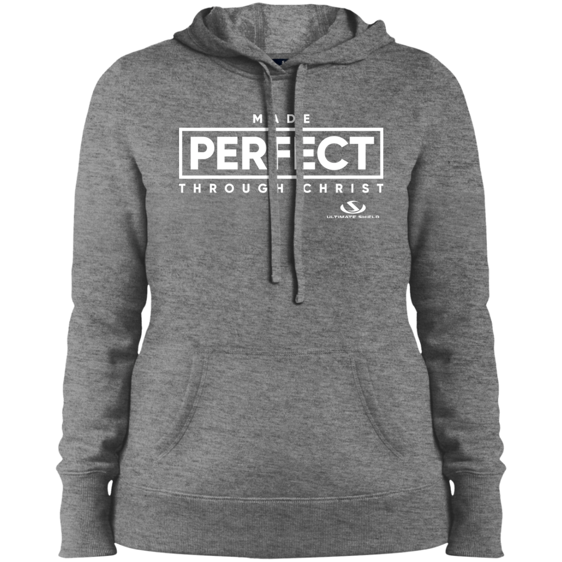 MADE PERFECT THROUGH CHRIST  Ladies' Pullover Hooded Sweatshirt - The Shield of Light