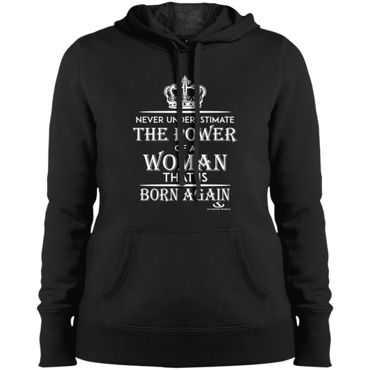 NEVER UNDERESTIMATE THE POWER OF A WOMAN THAT IS BORN AGAIN Ladies' Pullover Hooded Sweatshirt - The Shield of Light