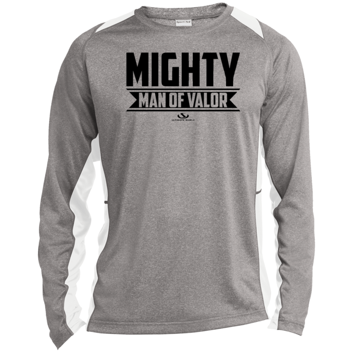 MIGHTY MAN OF VALOR  Long Sleeve Heather Colorblock Performance Tee - The Shield of Light