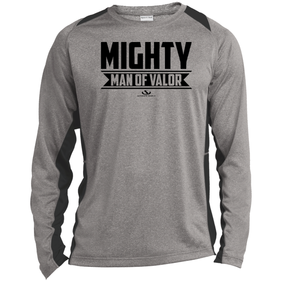 MIGHTY MAN OF VALOR  Long Sleeve Heather Colorblock Performance Tee - The Shield of Light